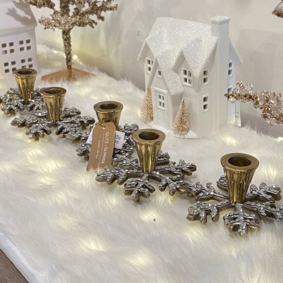 Holiday Gold Brass Metal 5 Taper Candelabra Centerpiece Snowflakes Rhinestone - Picture 8 of 9